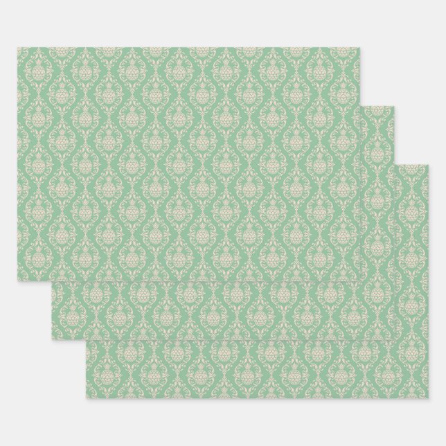 Hoja De Papel De Regalo Damasco de piña verde (Set)