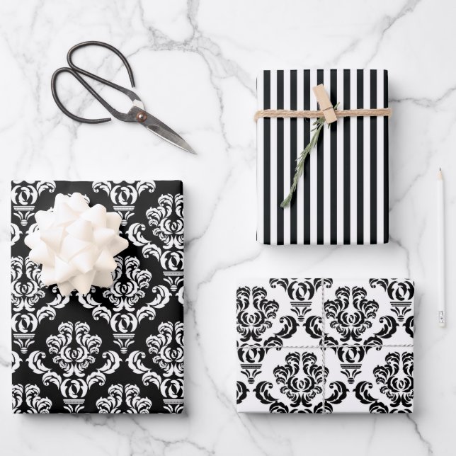 Hoja De Papel De Regalo Damasco elegante blanco y negro (Anverso)