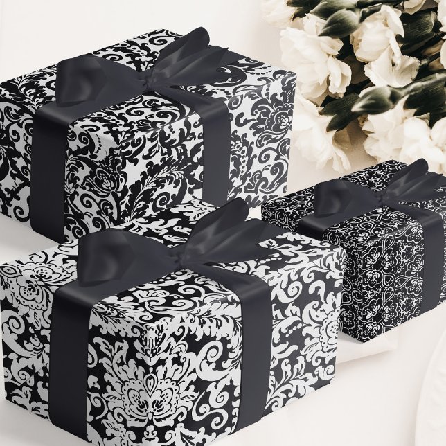 Hoja De Papel De Regalo Damasco floral elegante blanco y negro moderno (elegant black and white floral damask wedding wrapping paper)