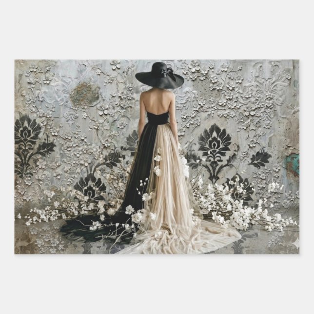Hoja De Papel De Regalo Dame en Noir Damask Decoupage  (Anverso)
