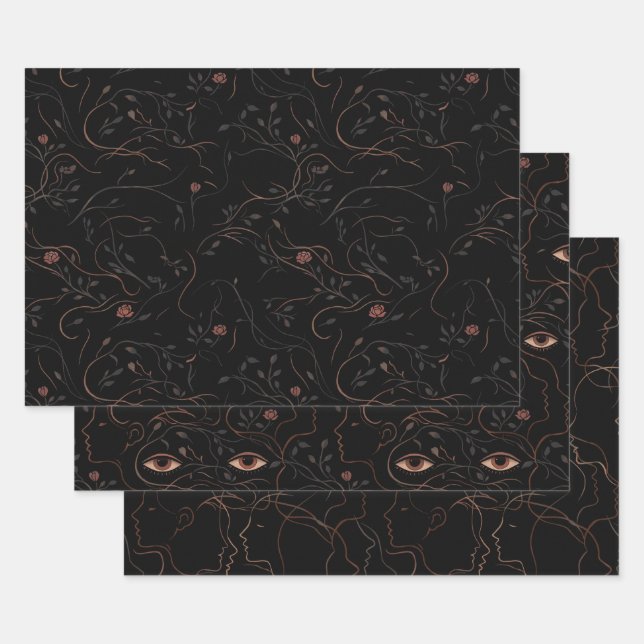 Hoja De Papel De Regalo Dark Botanical Faces Wrapping Paper Set (Set)