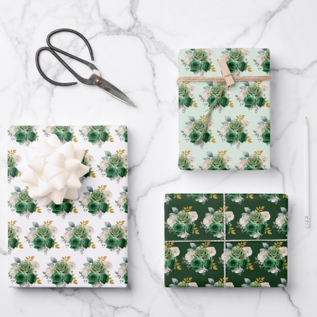 Hoja De Papel De Regalo Dark Green and Gold Elegant Flowers (Anverso)