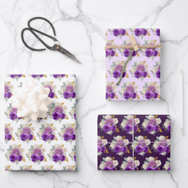 Hoja De Papel De Regalo Dark Purple and Gold Elegant Flowers 