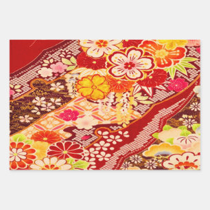 Hoja De Papel De Regalo Decoración floral de kimono japonés amarillo rojo 