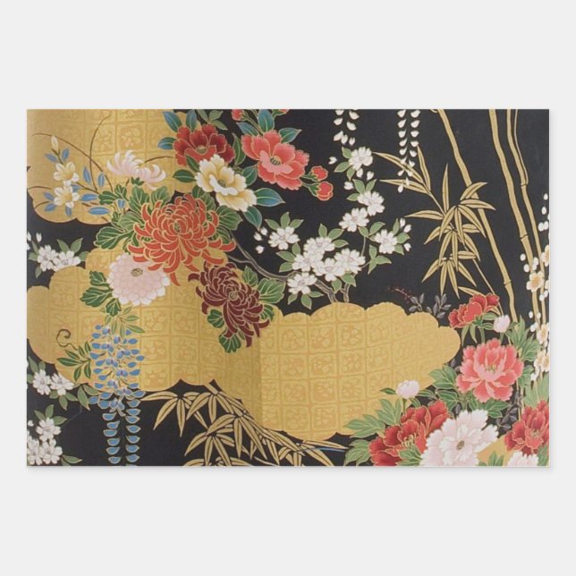 Hoja De Papel De Regalo Decoración floral de kimono japonés negro y dorado (Anverso)