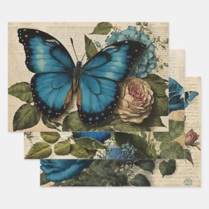 Hoja De Papel De Regalo Decoup de mariposas y Rosas azules de época