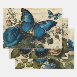 Hoja De Papel De Regalo Decoup de mariposas y Rosas azules de época