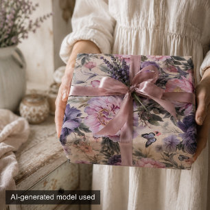Hoja De Papel De Regalo Decoupage Antiguo de Flores y Mariposas, Morado 