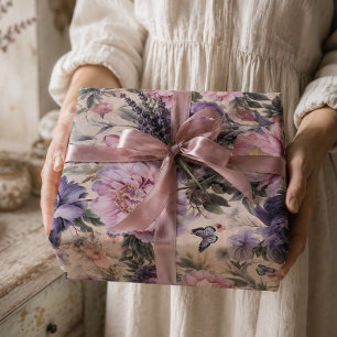 Hoja De Papel De Regalo Decoupage Antiguo de Flores y Mariposas, Morado 