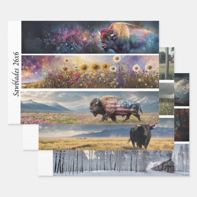 Hoja De Papel De Regalo Decoupage Cosmic Bison Wildflower Handsaw Designs  (Set)