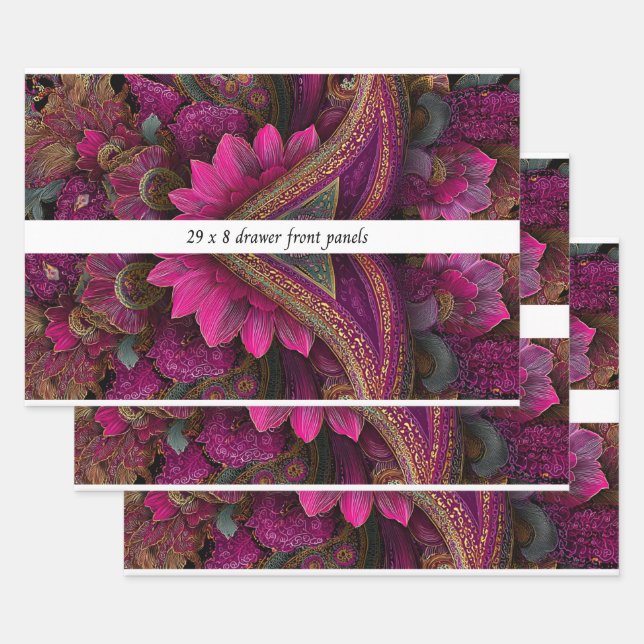 Hoja De Papel De Regalo Decoupage Drawer Front Panel Paisley Fuchsia Gold (Set)