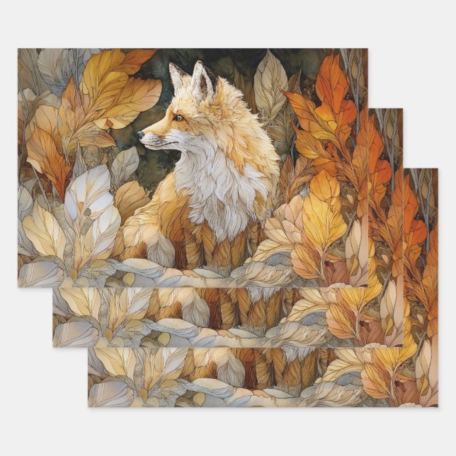 Hoja De Papel De Regalo Decoupage Fox with Autumn Leaves Art Nouveau (Set)