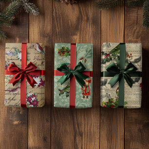 Hoja De Papel De Regalo Decoupage Navideño Floral Vintage de Pájaro