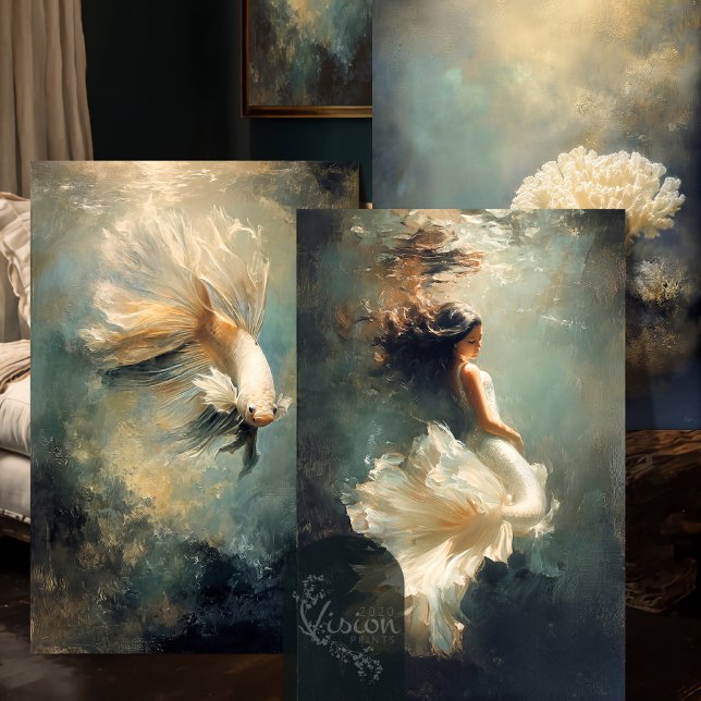 Hoja De Papel De Regalo Deep Grace Ethereal Teal Gold Underwater Trio (Three overlapping teal gold art prints leaning against dark bedroom wall)
