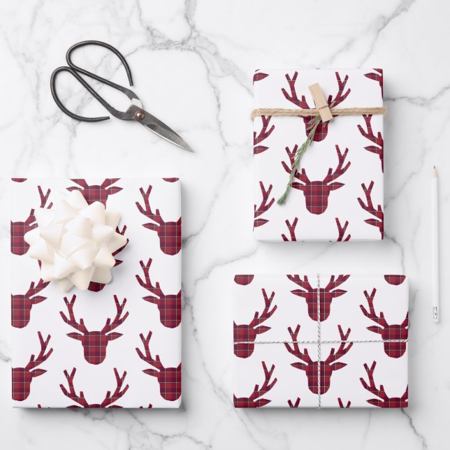 Hoja De Papel De Regalo Deer Plaid Dark Red Burgundy (Anverso)