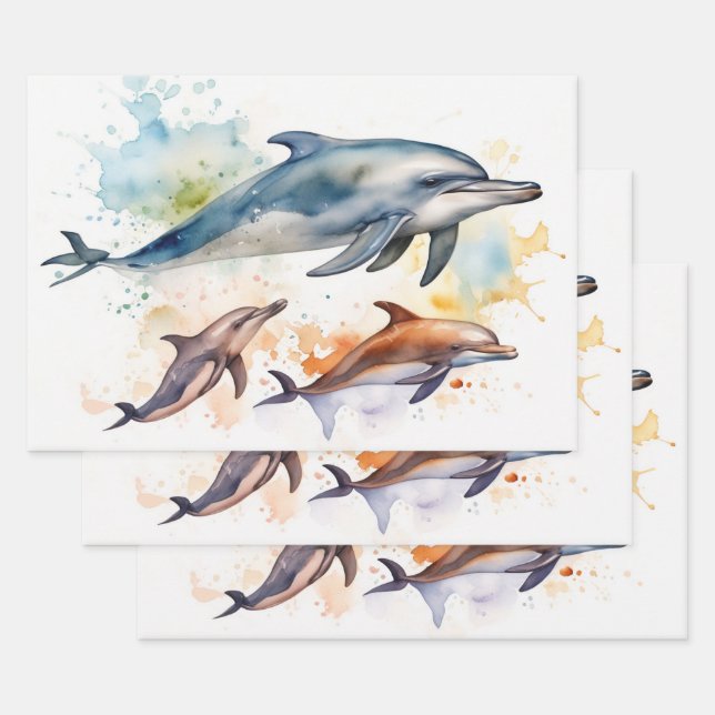 Hoja De Papel De Regalo Delfines acuáticos en olas oceánicas (Set)