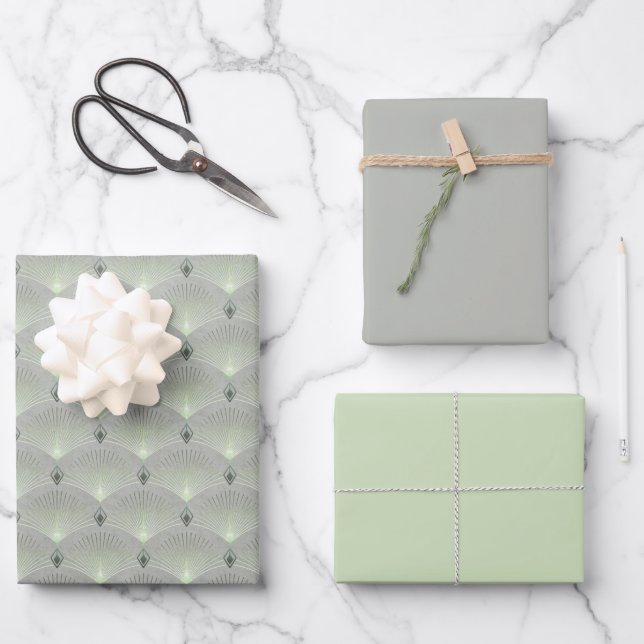 Hoja De Papel De Regalo Delicada, verde y gris, art deco. (Anverso)