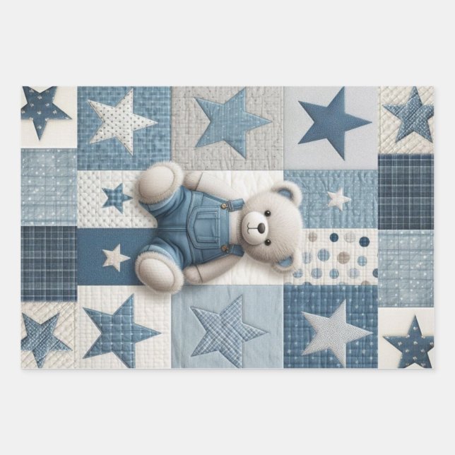 Hoja De Papel De Regalo Denim Patchwork Bear Napkins (Anverso)