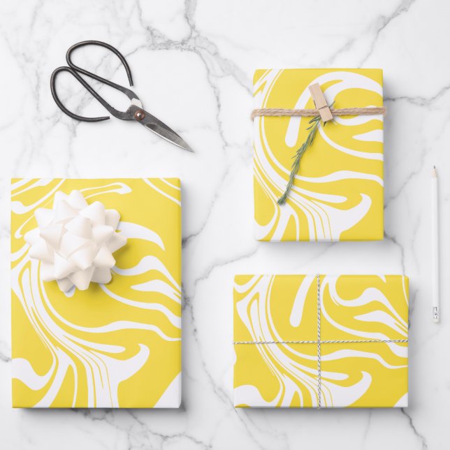 Hoja De Papel De Regalo Derrame - Amarillo limón y blanco (Anverso)