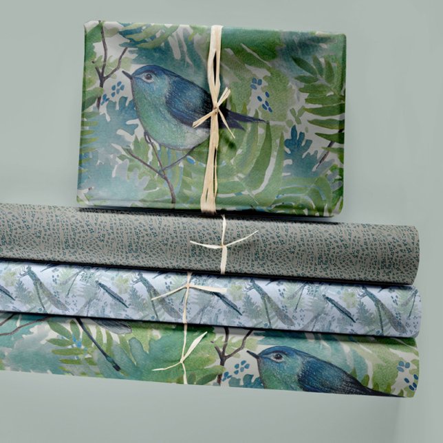 Hoja De Papel De Regalo Desconexión de trío azul con flores de pájaro (Whimsical Watercolor Bird Ferns And Dragonflies Wrapping Paper Sheets from Studio Posies.)
