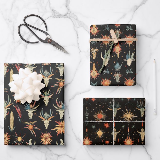 Hoja De Papel De Regalo Desierto de Cowboy Western Skulls (Anverso)