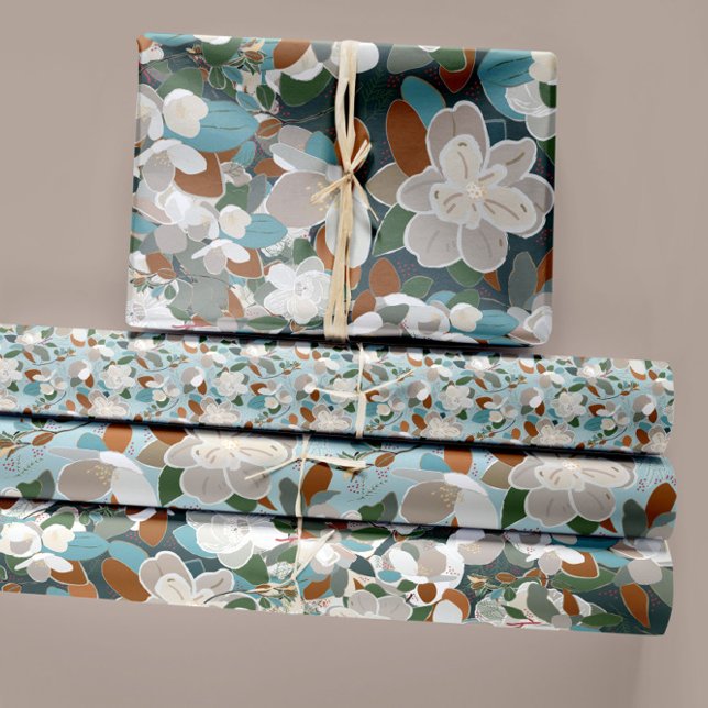 Hoja De Papel De Regalo Desnudo de Magnolias Florales (Modern Abstract Magnolia Floral Blue Gray Wrapping Paper Sheets from Studio Posies.)