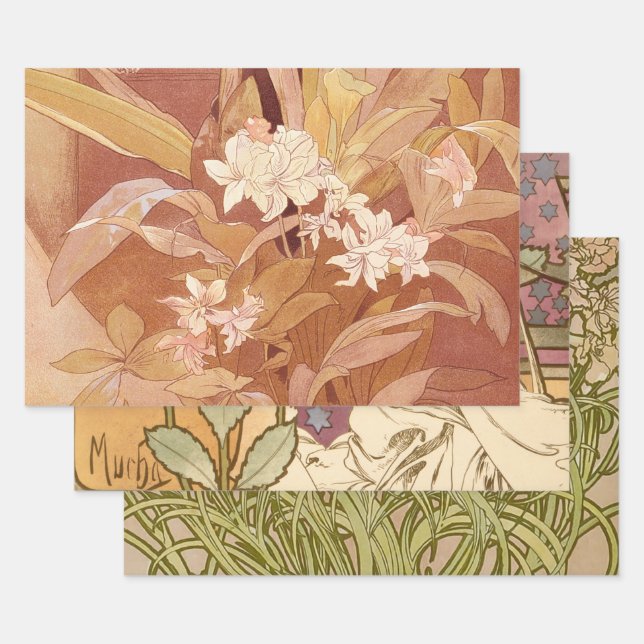 Hoja De Papel De Regalo Detalle floral de Alphonse Mucha Art Nouveau (Set)