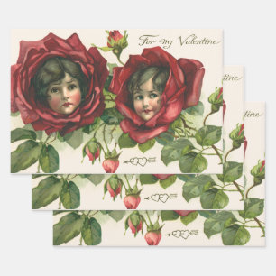 Hoja De Papel De Regalo Día de San Valentín antiguo, caras victorianas en 