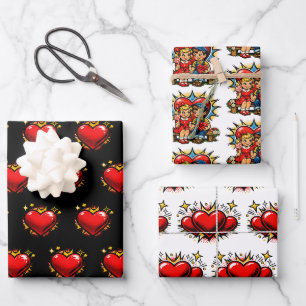 Hoja De Papel De Regalo Día de San Valentín   Arte Pop Retro Niño y Niña