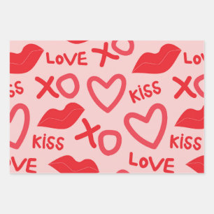 Hoja De Papel De Regalo Día de San Valentín XOXO con Corazones y Labios Ro