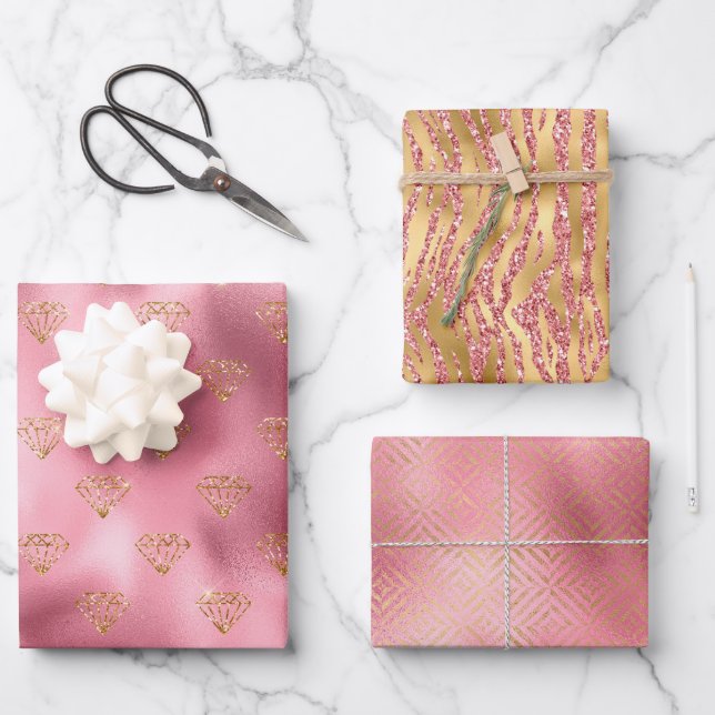 Hoja De Papel De Regalo Diamantes de oro de glam rosado (Anverso)