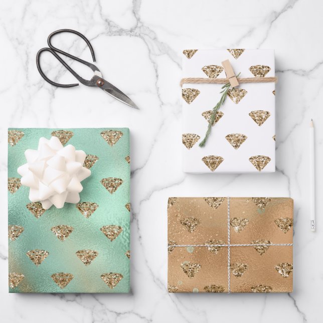 Hoja De Papel De Regalo Diamantes Purpurinas de oro Aqua Glam (Anverso)