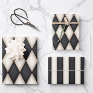 Hoja De Papel De Regalo Diamantes y rayas de arlequín blanco negro y antig