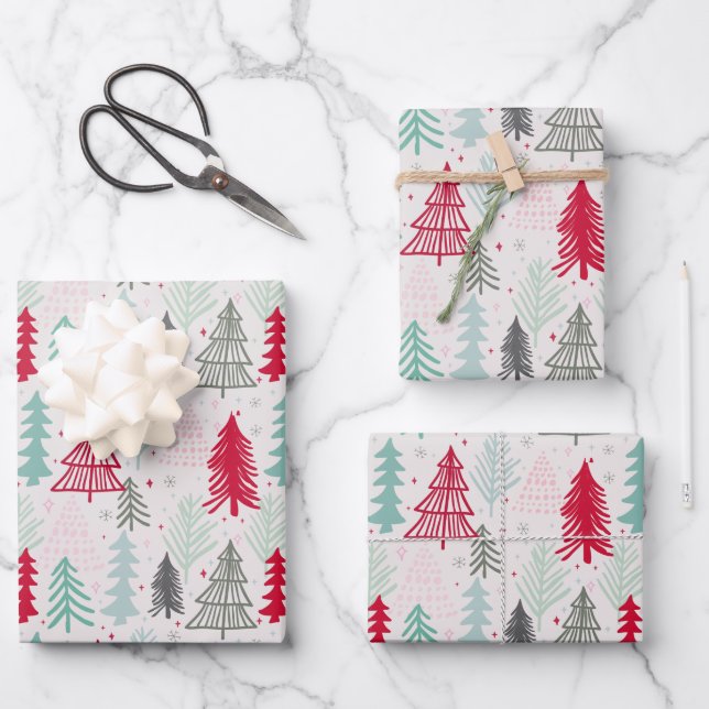 Hoja De Papel De Regalo Dibujar árboles de Navidad Evergreen Pine Red Gree (Anverso)