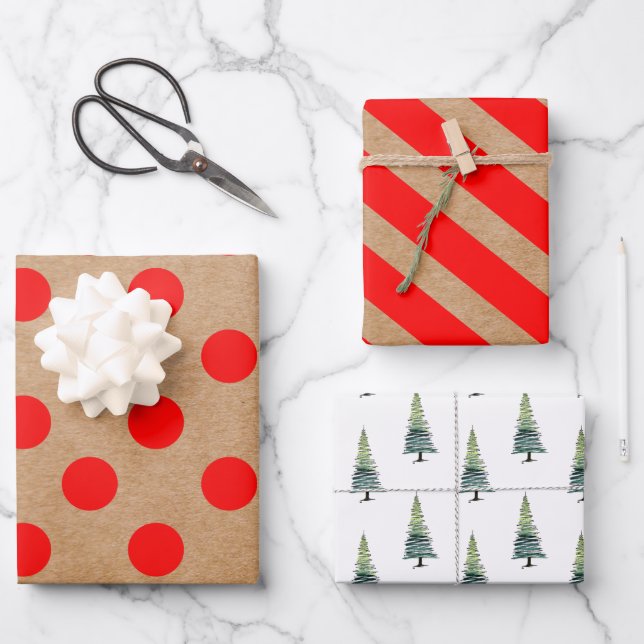 Hoja De Papel De Regalo Dibujar puntos, rayas y árboles de Navidades rojos (Anverso)