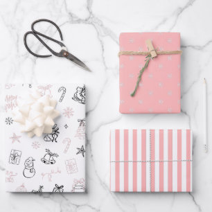 Hoja De Papel De Regalo Dibujo a Mano Caprichoso de Navidad Rosa Negro
