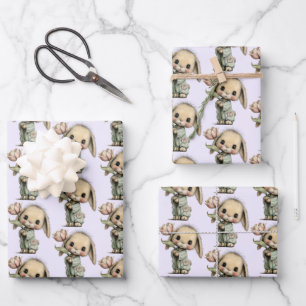 Hoja De Papel De Regalo Dibujo Adorable con un Conejo que Sostiene un Tuli