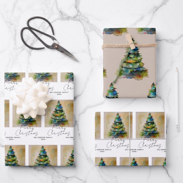 Hoja De Papel De Regalo Dibujo artístico del árbol de navidad de acuarela  (Anverso)