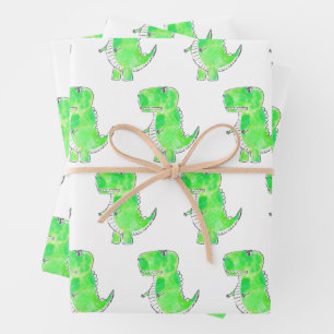 Hoja De Papel De Regalo Dibujo de acuarela de dinosaurios verdes