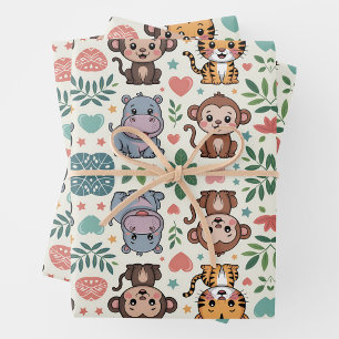 Hoja De Papel De Regalo Dibujo de animales lindos con monos, tigres