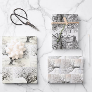 Hoja De Papel De Regalo Dibujo de lápiz y árbol de tinta