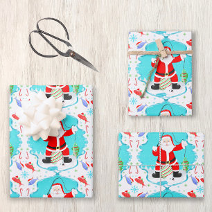 Hoja De Papel De Regalo Dibujo divertido de Papá Noel pescando en hielo co