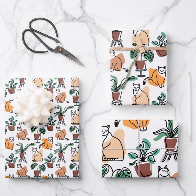 Hoja De Papel De Regalo Dibujo en línea de gatos y flores (Anverso)