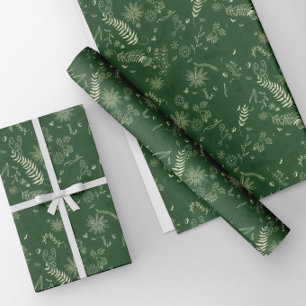 Hoja De Papel De Regalo Dibujos florales de marfil sobre verde