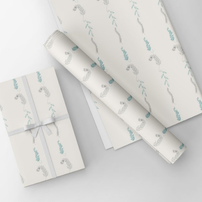 Hoja De Papel De Regalo Dibujos florales grises y turquesa en blanco. (Subido por el creador)