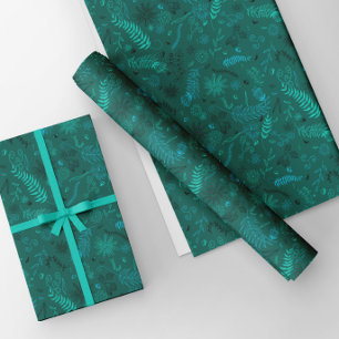 Hoja De Papel De Regalo Dibujos florales turquesa sobre verde