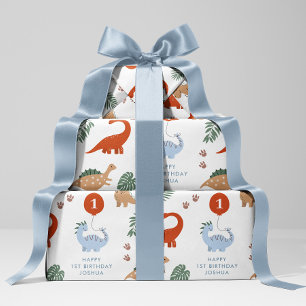 Hoja De Papel De Regalo Dinosaur 1er Nacimiento Fiesta Nombre personalizad