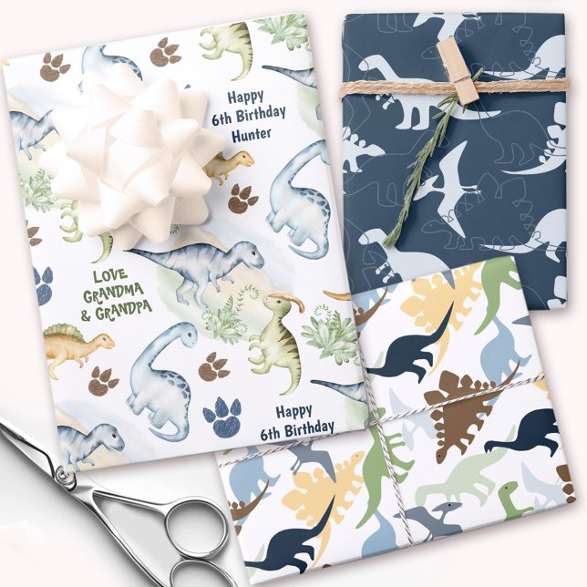 Hoja De Papel De Regalo Dinosaur Boy Pastel Blue Green Name (Dinosaur Boy Pastel Blue Green Name Wrapping Paper Sheets)