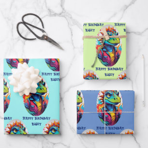 Hoja De Papel De Regalo Dinosaur Tough Kid Añadir nombre 3 cumpleaños