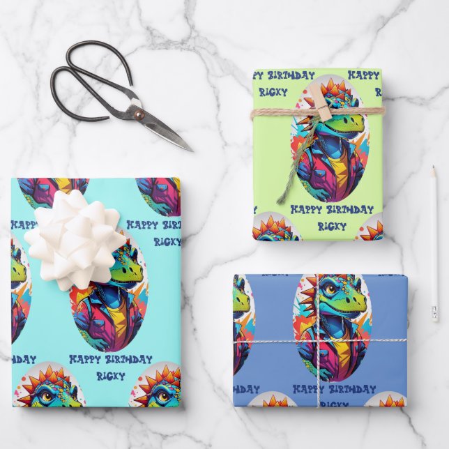 Hoja De Papel De Regalo Dinosaur Tough Kid Añadir nombre 3 cumpleaños (Anverso)